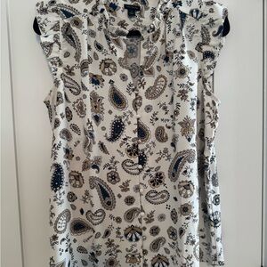 Ann Taylor White and Blue Ruffled Blouse with Mandarin Collar